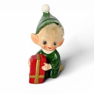 Vintage Josef Originals Elf Pixie Figurine Faux Fur Hair Santa's Helper Green